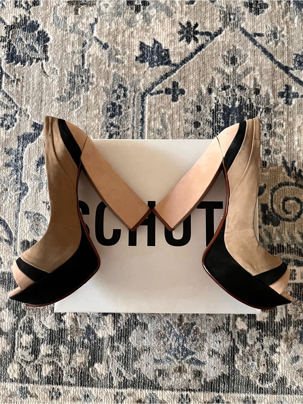 SCHUTZ Beige and Black Suede Colorblock Peep-Toe Heels